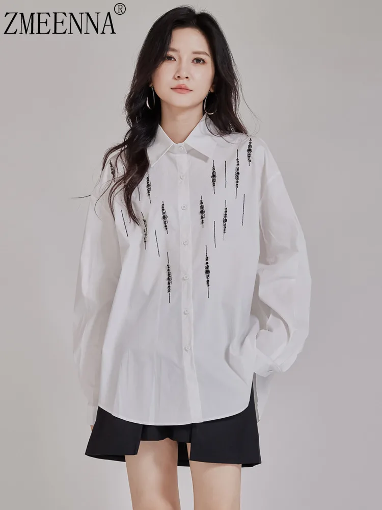ZMEENNA Womens White Loose Fit Button Up Shirt Top Long Sleeve Black Beaded Embroidery Decor Casual Fashion Blouse ZM4616
ZMEENNA Womens White Loose Fit Button Up Shirt Top Long Sleeve Black Beaded Embroidery Decor Casual Fashion Blouse ZM4616