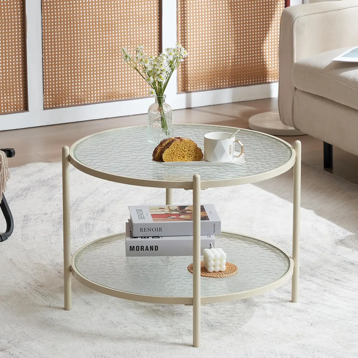 25.6" Round Coffee Table with Water-Wave Glass Top, 2-Tier Modern Center Table for Living Room, Bedroom, Balcony, Beige
25.6" Round Coffee Table with Water-Wave Glass Top, 2-Tier Modern Center Table for Living Room, Bedroom, Balcony, Beige