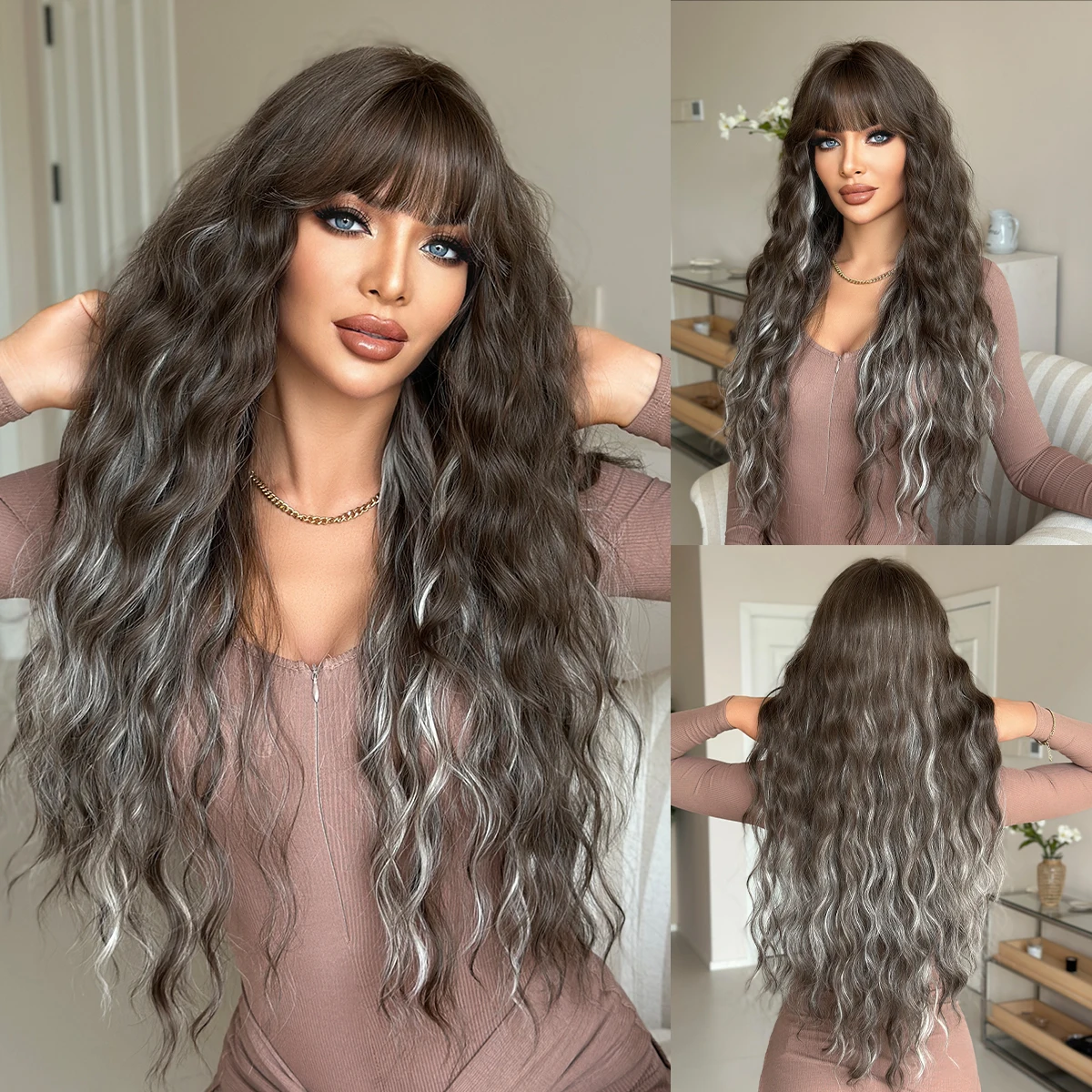 NAMM Synthetic Long Wavy Curly Brown Wigs for Women Daily Use Highlight Beige Wigs With Bangs Heat Resistant Wigs
NAMM Synthetic Long Wavy Curly Brown Wigs for Women Daily Use Highlight Beige Wigs With Bangs Heat Resistant Wigs