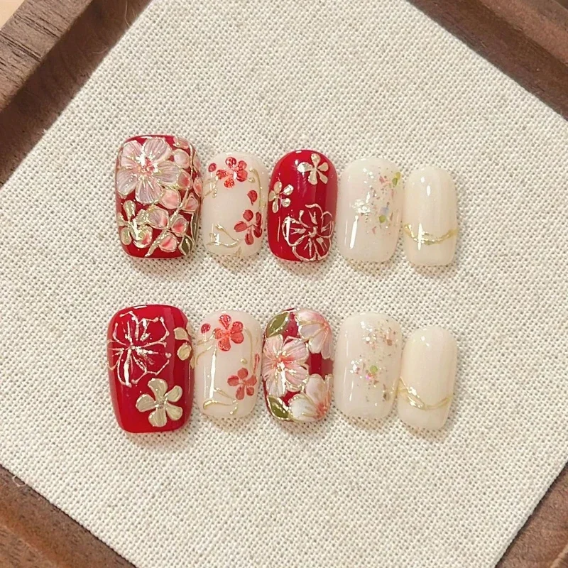 10pcs Chinese Style Short French Ballet Nails Classical Flower Gold Edge Handmade Detachable Press on Nails Full Cover Nail Tips
10pcs Chinese Style Short French Ballet Nails Classical Flower Gold Edge Handmade Detachable Press on Nails Full Cover Nail Tips