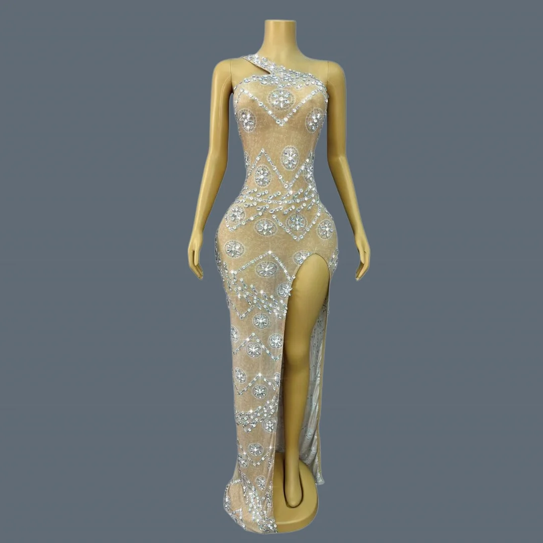 Beige AB Rhinestone Geometric One Shoulder Maxi Dress Women Sheer Mesh Bodycon Formal Birthday Celebrate Party Gown Liulunhua
Beige AB Rhinestone Geometric One Shoulder Maxi Dress Women Sheer Mesh Bodycon Formal Birthday Celebrate Party Gown Liulunhua