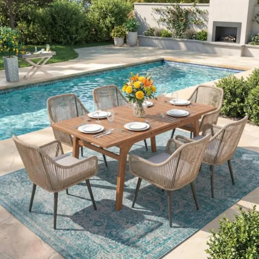 Outdoor dining set for patio use, wicker and acacia wood with natural brown color, expandable table and twisted rope chairs for
Outdoor dining set for patio use, wicker and acacia wood with natural brown color, expandable table and twisted rope chairs for