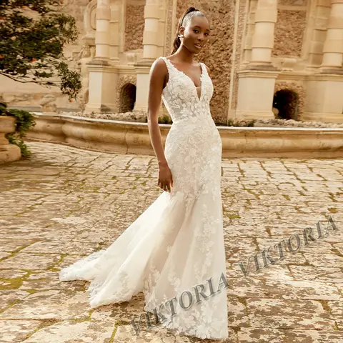 VIKTORIA – Robe De mariée sirène attrayante pour femmes, dos nu, sans manches, col en v, personnalisée