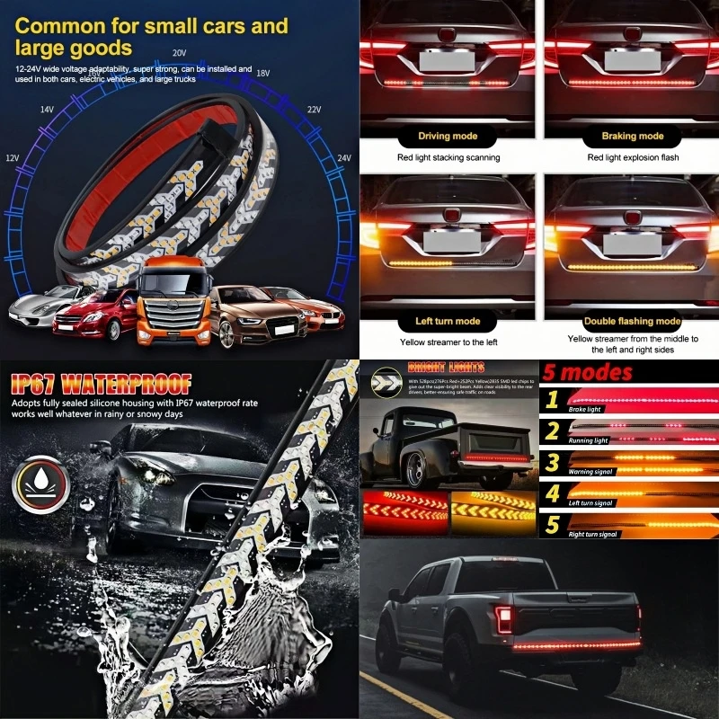 Car Tail Brake LED Warning Light Dynamic Sequential Yellow Turn Signal Arrow Flexible LED Lamp Red Brake Rear Taillight 12V 24V 
Car Tail Brake LED Warning Light Dynamic Sequential Yellow Turn Signal Arrow Flexible LED Lamp Red Brake Rear Taillight 12V 24V