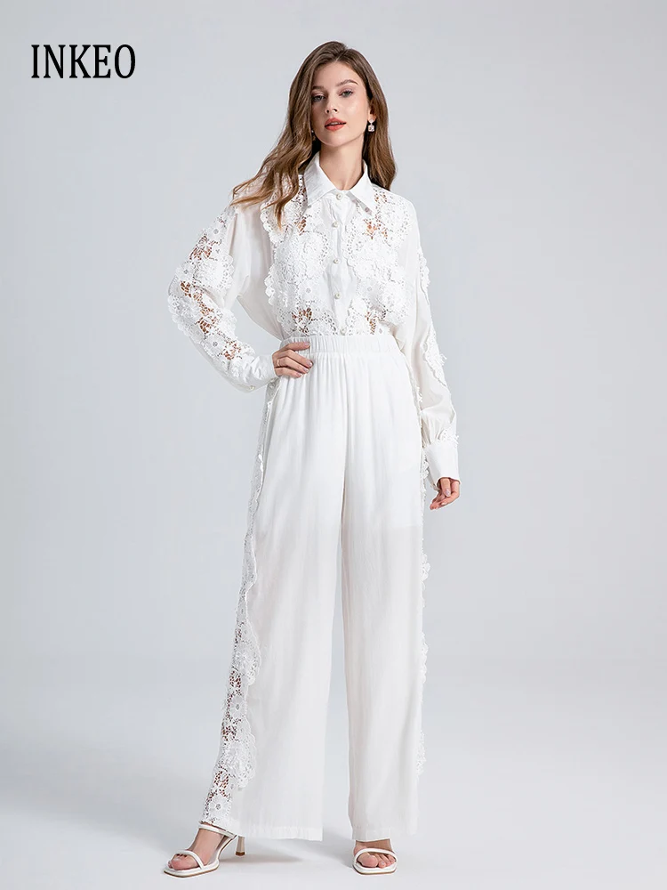 Luxury Women White Lace 2 Piece set 2025 Spring Fashion Hollow out shirt Lace embroidery blouse And High waist pants INKEO 4T245
Luxury Women White Lace 2 Piece set 2025 Spring Fashion Hollow out shirt Lace embroidery blouse And High waist pants INKEO 4T245