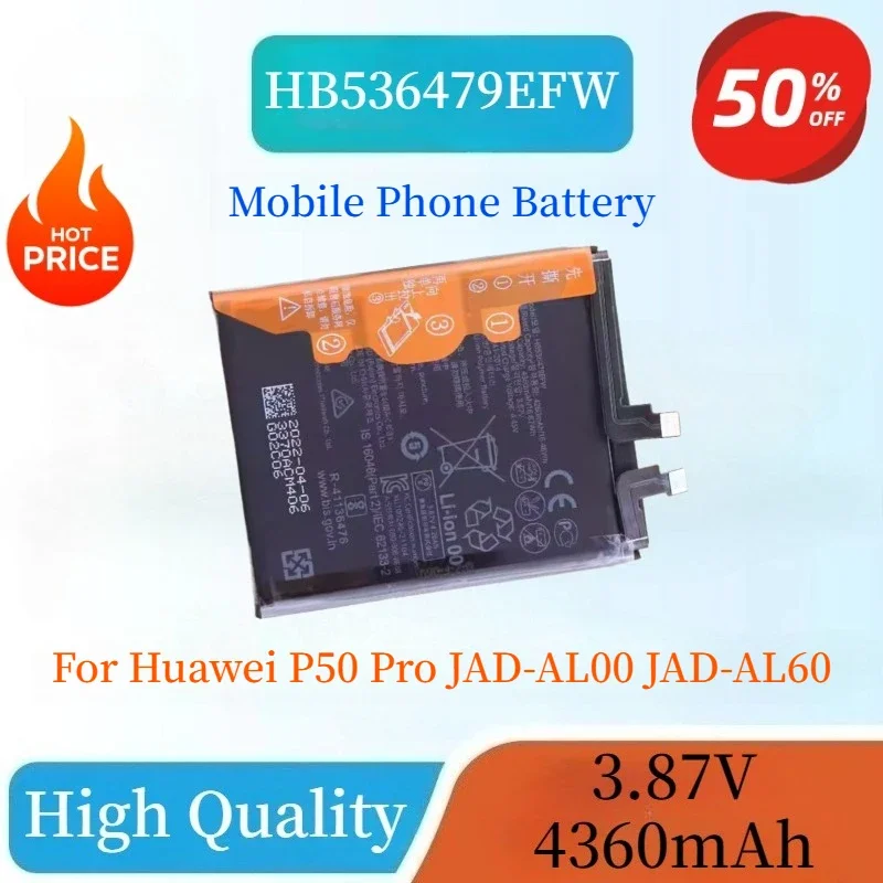 100% New HB536479EFW 3.87V 4360mAh Mobile Phone Battery For Huawei P50 Pro JAD-AL00 JAD-AL60 Replacement Battery Eco-Friendly
100% New HB536479EFW 3.87V 4360mAh Mobile Phone Battery For Huawei P50 Pro JAD-AL00 JAD-AL60 Replacement Battery Eco-Friendly