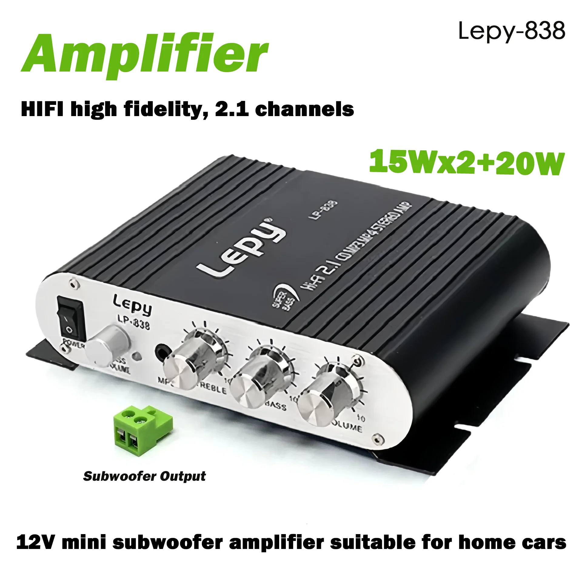 Усилитель Lepy-838 15Втx2+20Вт, HiFi-звук, 2.1-канальный мини-усилитель для сабвуфера, подходит для дома или автомобиля, RCA, разъем 3.5мм для MP3, DC12V
Усилитель Lepy-838 15Втx2+20Вт, HiFi-звук, 2.1-канальный мини-усилитель для сабвуфера, подходит для дома или автомобиля, RCA, разъем 3.5мм для MP3, DC12V