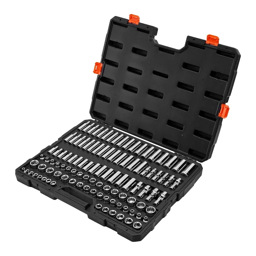 104-Piece Socket Set 3 8-Inch Drive Metric Sizes 6-24 mm Includes Deep and Standard Sockets Durable CR-V Alloy Steel with Chrom
104-Piece Socket Set 3 8-Inch Drive Metric Sizes 6-24 mm Includes Deep and Standard Sockets Durable CR-V Alloy Steel with Chrom