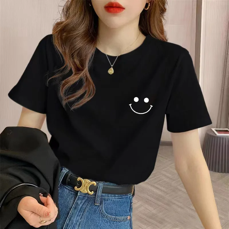 Cute Pattern Smiling Face Cotton T Shirt Women Round Neck Short Sleeve Black White Casual Daily Wear Breathable Comfortable Tee
Cute Pattern Smiling Face Cotton T Shirt Women Round Neck Short Sleeve Black White Casual Daily Wear Breathable Comfortable Tee