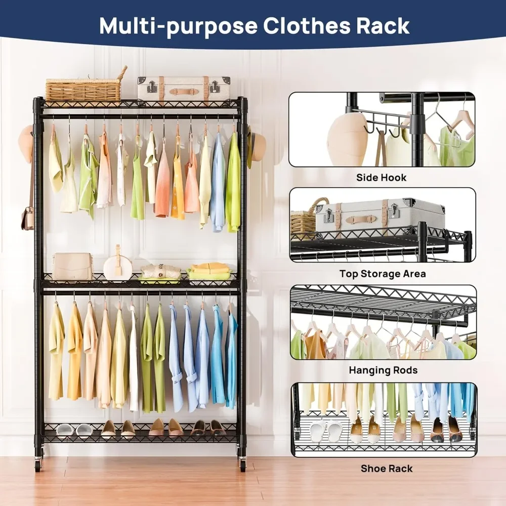Heavy adjustable hanger metal hanger with lockable wheels, wardrobe storage with double bars and side hooks
Heavy adjustable hanger metal hanger with lockable wheels, wardrobe storage with double bars and side hooks