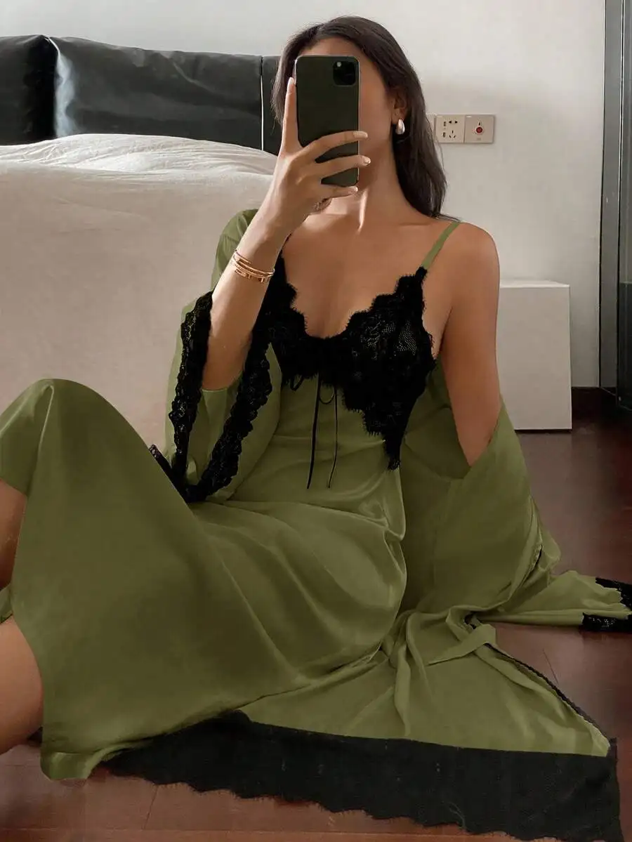 Womens Olive Green Lace Trim Slip Dress With Belted Robe Set Sleepwear
Womens Olive Green Lace Trim Slip Dress With Belted Robe Set Sleepwear