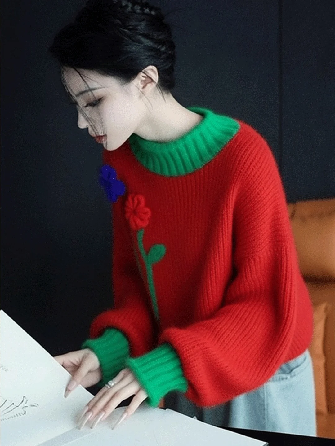 Red Loose Knitted Sweater Women's Stand Collar Color Block Flower Print Base Shirt Casual Style Autumn Winter Fashion Top
Red Loose Knitted Sweater Women's Stand Collar Color Block Flower Print Base Shirt Casual Style Autumn Winter Fashion Top