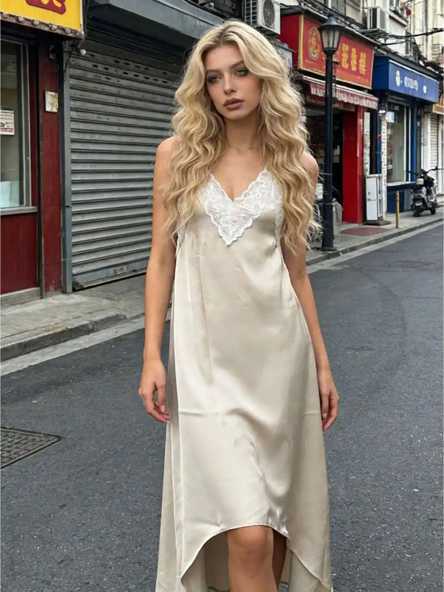 Womens Silky Satin Sleeveless Maxi Dress Lace Trim Spaghetti Strap High Low Hem Asymmetric Party Club Summer Casual Flowy Long
Womens Silky Satin Sleeveless Maxi Dress Lace Trim Spaghetti Strap High Low Hem Asymmetric Party Club Summer Casual Flowy Long