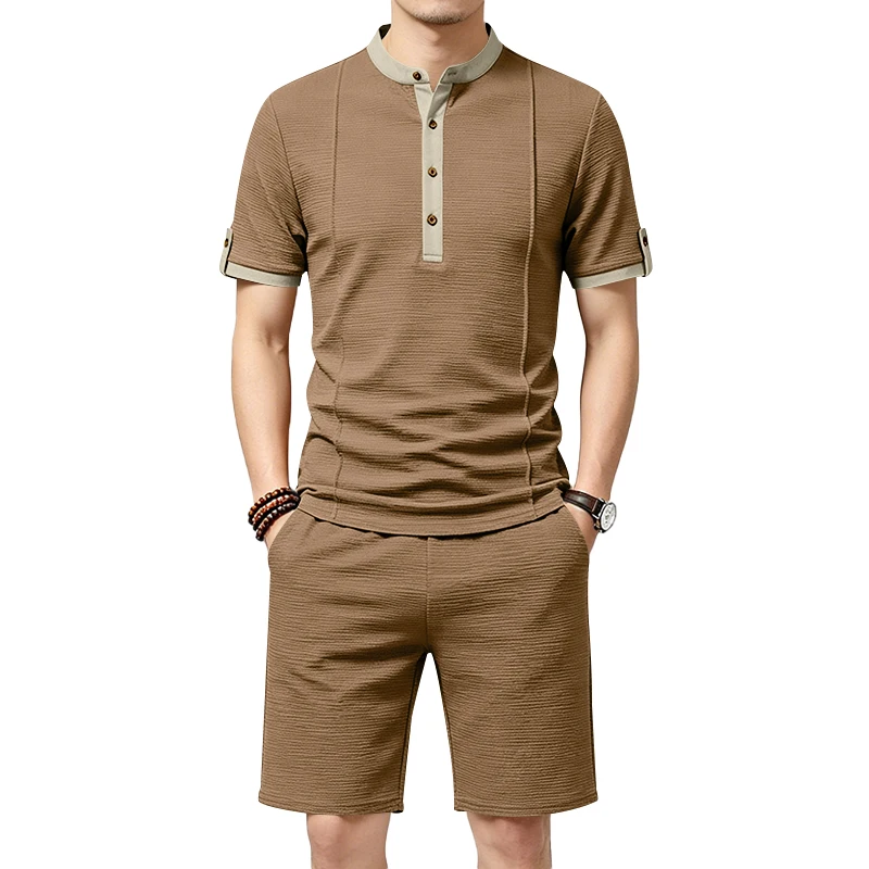 Summer Men's Casual Set with Textured Henry Collar Two-Piece, Short Sleeve Shirt & Elastic Waist Drawstring Shorts Set
Summer Men's Casual Set with Textured Henry Collar Two-Piece, Short Sleeve Shirt & Elastic Waist Drawstring Shorts Set