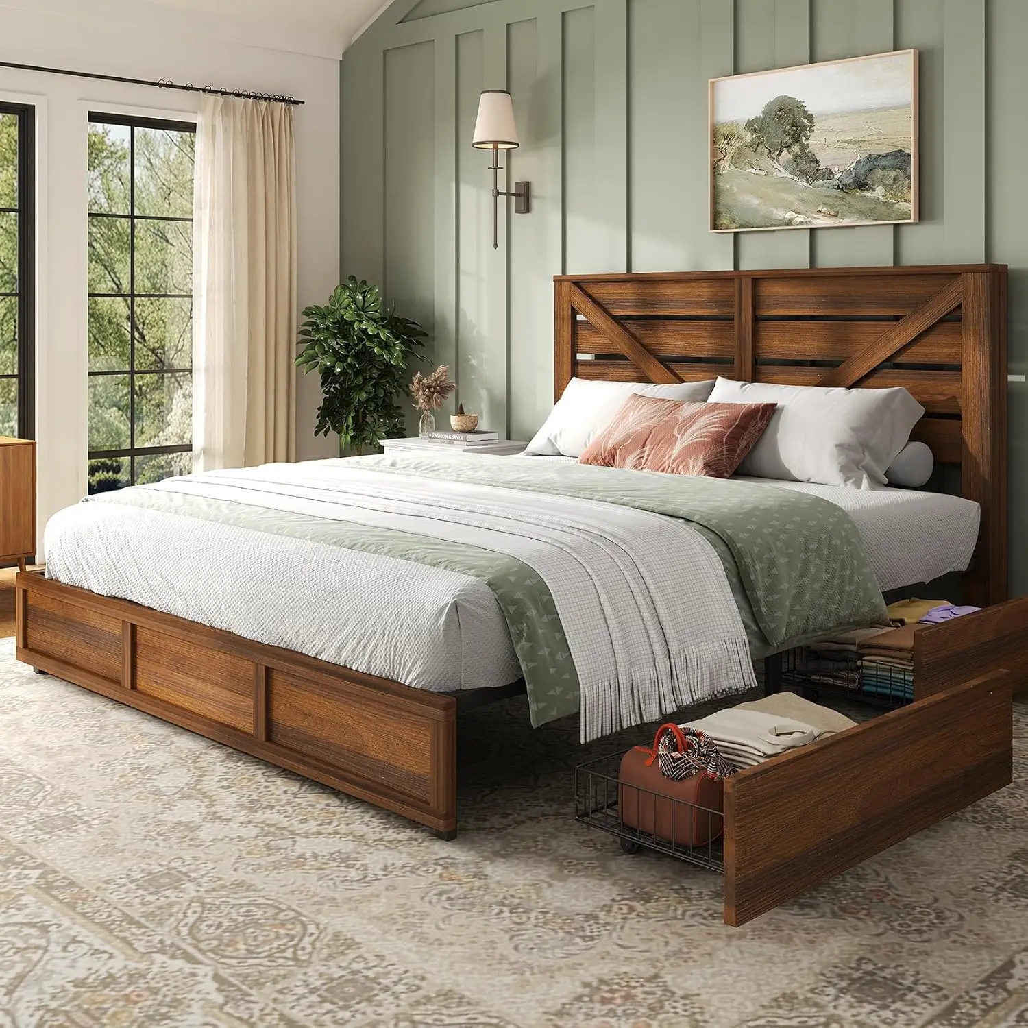 48.8" H Full Size Bed Frame with 4 Storage Drawers, Farmhouse Platform Bed with Barn Door Headboard, Rustic Wood Grain, No Box S
48.8" H Full Size Bed Frame with 4 Storage Drawers, Farmhouse Platform Bed with Barn Door Headboard, Rustic Wood Grain, No Box S