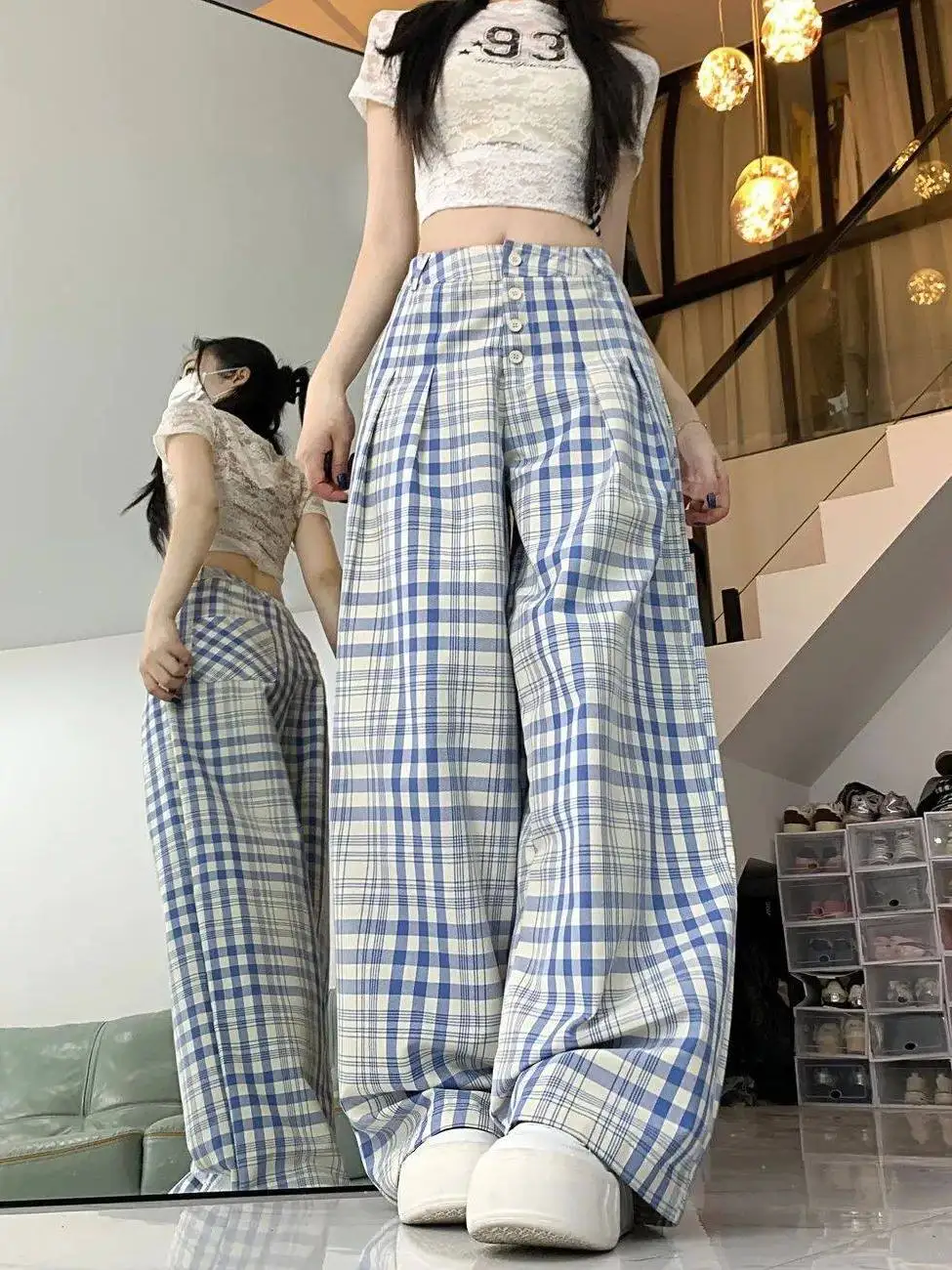 Ladies High Waist Plaid Wide Leg Pants Loose Style Casual Floor Length Thin Design Polyester Fiber Straight Tube Trousers
Ladies High Waist Plaid Wide Leg Pants Loose Style Casual Floor Length Thin Design Polyester Fiber Straight Tube Trousers