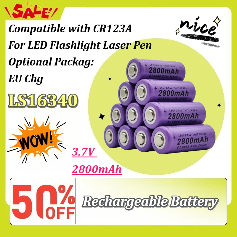 High Capacity LS16340 3.7V 2800mAh Rechargeable Li-ion Battery Compatible with CR123A for LED Flashlight Laser Pen
High Capacity LS16340 3.7V 2800mAh Rechargeable Li-ion Battery Compatible with CR123A for LED Flashlight Laser Pen