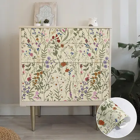 Light Yellow Floral PVC Wallpaper Peel And Stick PVC Durniture Cabinet Sticker Kitchen Bathroom Waterproof Vinyl Wall Decor