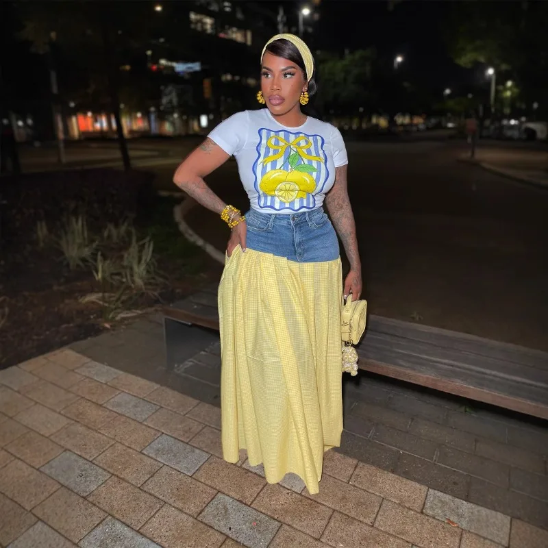 Denim Patchwork 2 Piece Set Women Casual Lemon Print Short Sleeve T-shirts Top + Plaid Print Loose Wide Leg Pants Holiday Suits
Denim Patchwork 2 Piece Set Women Casual Lemon Print Short Sleeve T-shirts Top + Plaid Print Loose Wide Leg Pants Holiday Suits