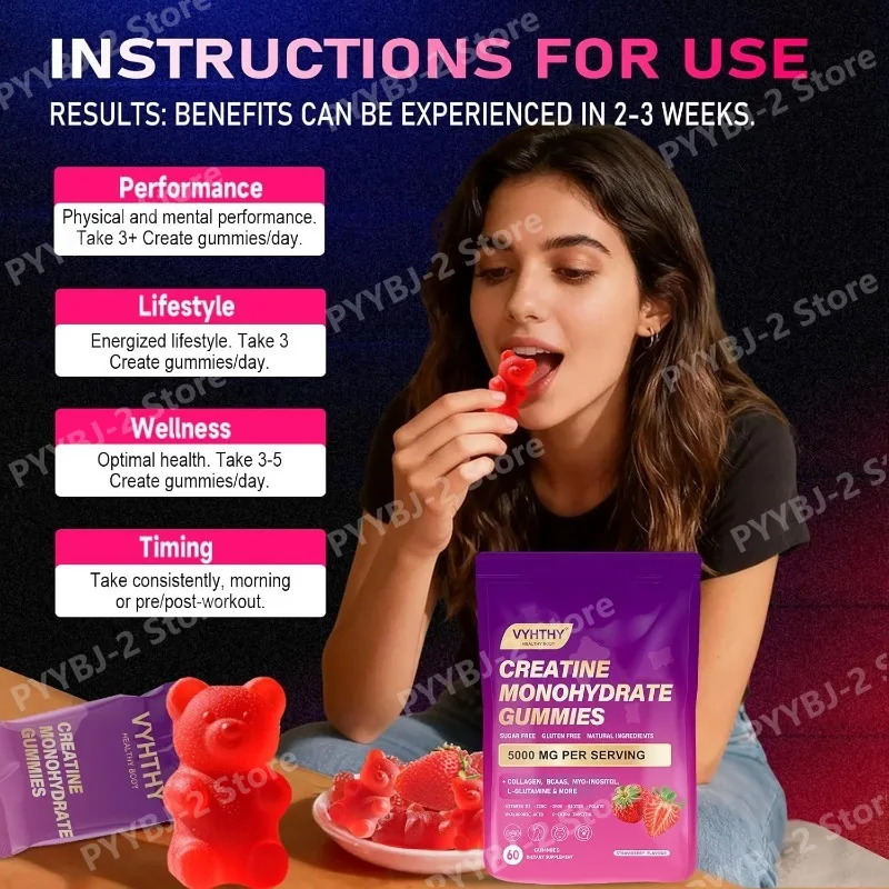 Creatine Monohydrate Gummies Daily Pre & Post Workout Recovery Support Contain Collagen,Biotin,Vitamin & Hyaluronic Acid 60count
Creatine Monohydrate Gummies Daily Pre & Post Workout Recovery Support Contain Collagen,Biotin,Vitamin & Hyaluronic Acid 60count