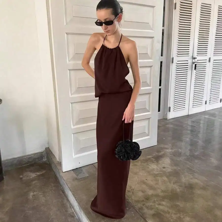 Brown Polyester Halter Neck Sleeveless Top And Straight Long Skirt Set
Brown Polyester Halter Neck Sleeveless Top And Straight Long Skirt Set
