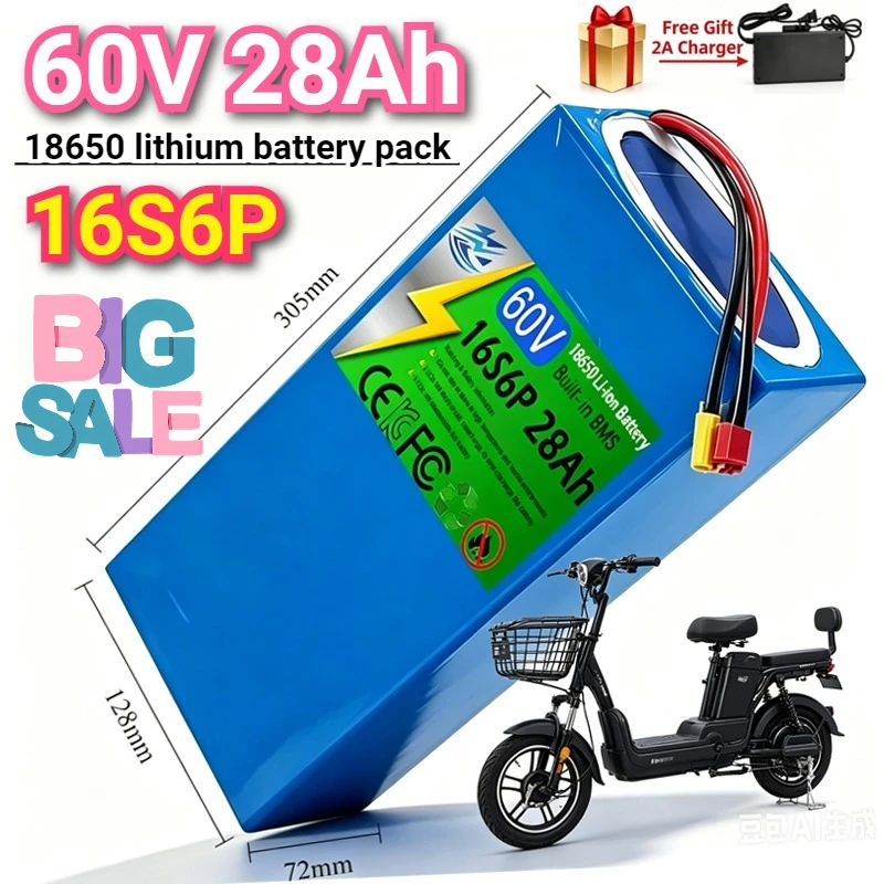 60V 28Ah 16S6P 18650 Rechargeable Lithium Battery Pack High Capacity Replacement Battery for Electric Bicycle Scooter Motorcycle
60V 28Ah 16S6P 18650 Rechargeable Lithium Battery Pack High Capacity Replacement Battery for Electric Bicycle Scooter Motorcycle