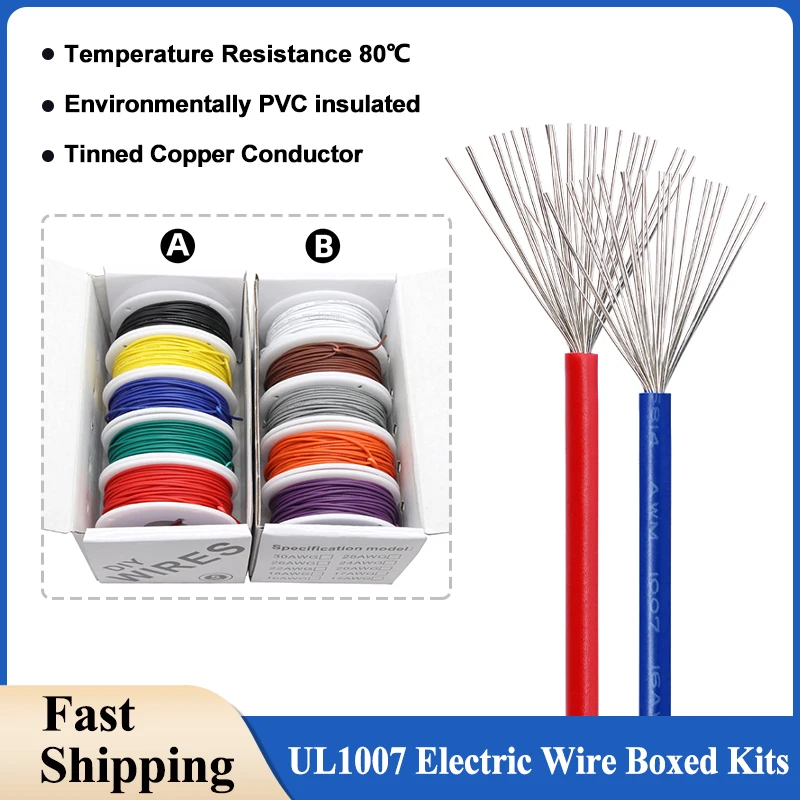 UL1007 Electric Wire 30/28/26/24/22/20/18/16AWG PVC Insulated Tinned Copper Cable Stranded Line PCB Wires (5 Colors Mix Kit)
UL1007 Electric Wire 30/28/26/24/22/20/18/16AWG PVC Insulated Tinned Copper Cable Stranded Line PCB Wires (5 Colors Mix Kit)