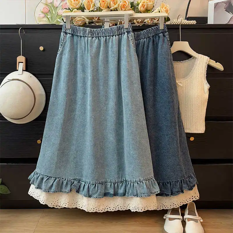 Lace Splicing Fake Two Piece Denim Skirts Summer Women Elastic High Waist A-line Skirts Temperament Versatile Midskirts
Lace Splicing Fake Two Piece Denim Skirts Summer Women Elastic High Waist A-line Skirts Temperament Versatile Midskirts
