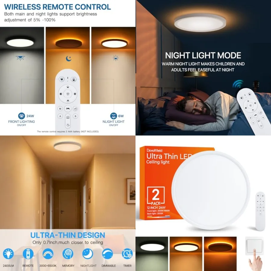 2Pack Dimmable LED Flush Mount Ceiling Light Fixture with Remote Control, 24W 2640LM, 12Inch, 2000K Warm Night Light and 3000K-
2Pack Dimmable LED Flush Mount Ceiling Light Fixture with Remote Control, 24W 2640LM, 12Inch, 2000K Warm Night Light and 3000K-