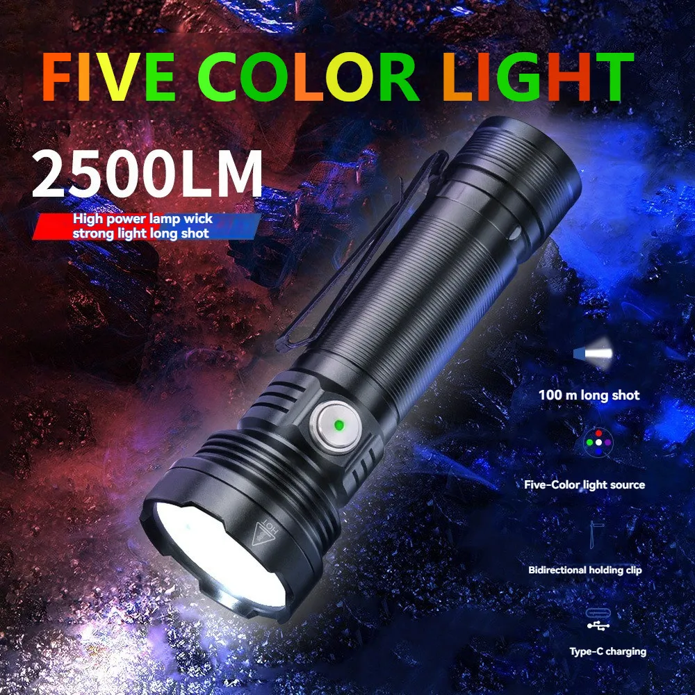 Super Bright Powerful LED Flashlight 5-Color Light Source Type-C Rechargeable Torch Camping Lantern For Fishing
Super Bright Powerful LED Flashlight 5-Color Light Source Type-C Rechargeable Torch Camping Lantern For Fishing