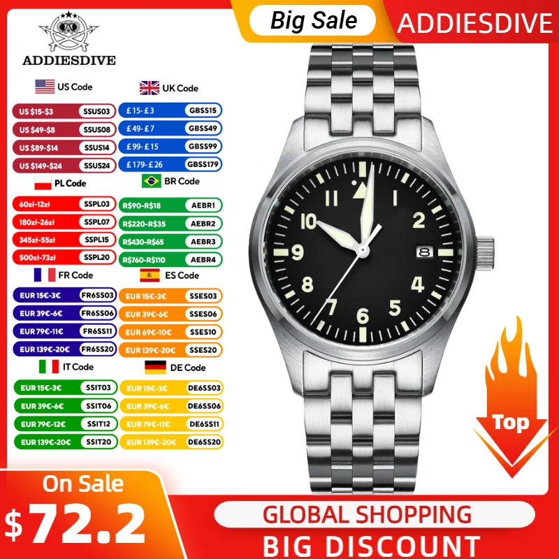 ADDIESDIVE Japan 8215 Automatic Watch Man 39mm Sapphire High Quality 200m Waterproof 316L Stainless Steel Men Mechanical Watches
ADDIESDIVE Japan 8215 Automatic Watch Man 39mm Sapphire High Quality 200m Waterproof 316L Stainless Steel Men Mechanical Watches