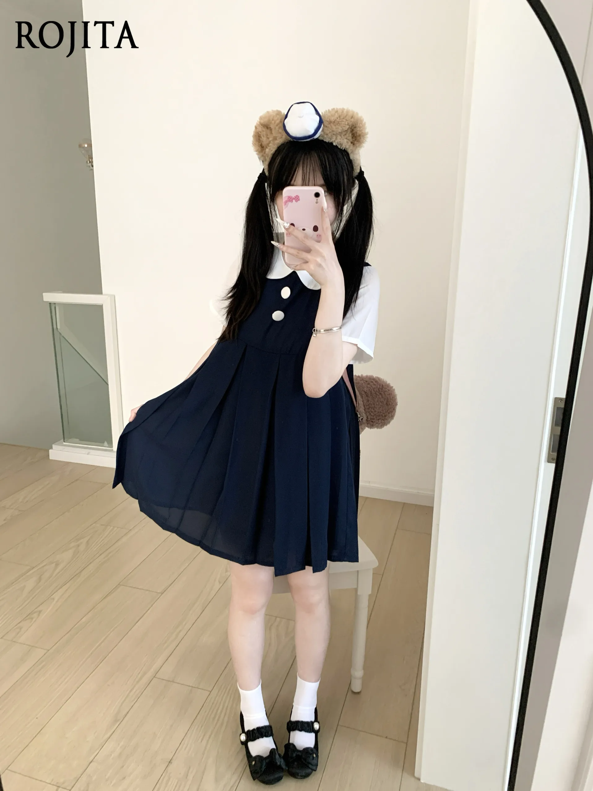 Peter Pan Collar Bear Embroidery Navy Blue Pleated Mini Dress for Women Cute Soft Girl Kawaii Preppy Fake Two Piece Dress
Peter Pan Collar Bear Embroidery Navy Blue Pleated Mini Dress for Women Cute Soft Girl Kawaii Preppy Fake Two Piece Dress