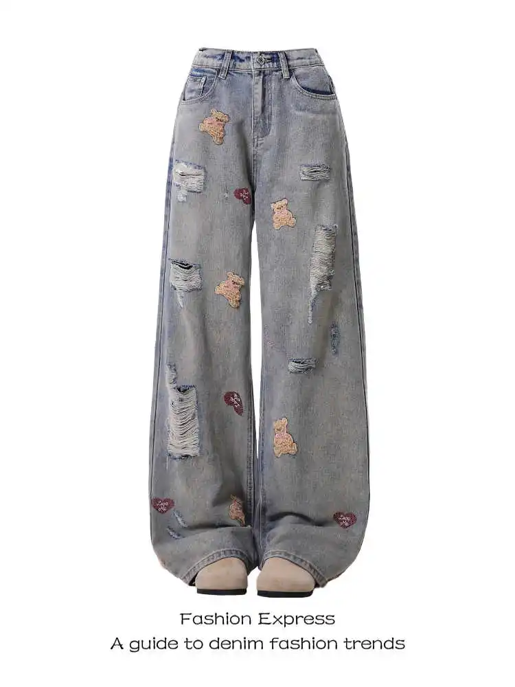 Womens Cartoon Bear Jeans High Waist Vintage Straight Y2K Denim Pants Ripped Streetwear American Wide Leg Baggy Denim Trouser 
Womens Cartoon Bear Jeans High Waist Vintage Straight Y2K Denim Pants Ripped Streetwear American Wide Leg Baggy Denim Trouser