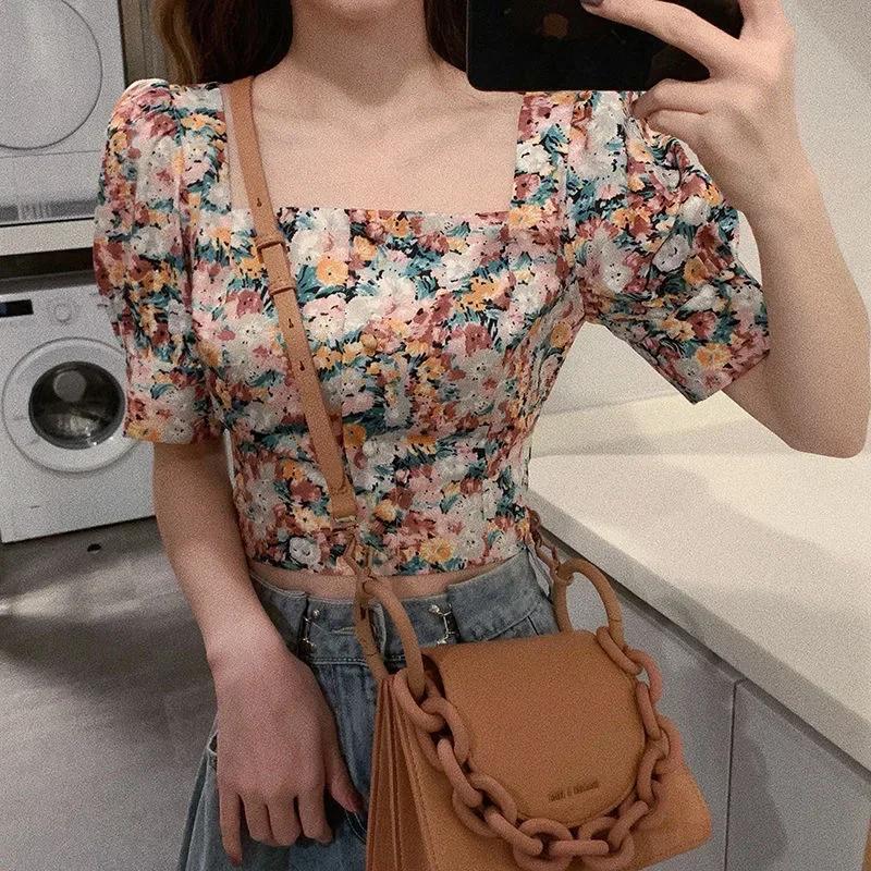 Casual Sweet One-piece Bandage Women's Tops Summer Vintage Floral T-shirts Korean Fashion Square Collar Puff Sleeve Short Tops
Casual Sweet One-piece Bandage Women's Tops Summer Vintage Floral T-shirts Korean Fashion Square Collar Puff Sleeve Short Tops