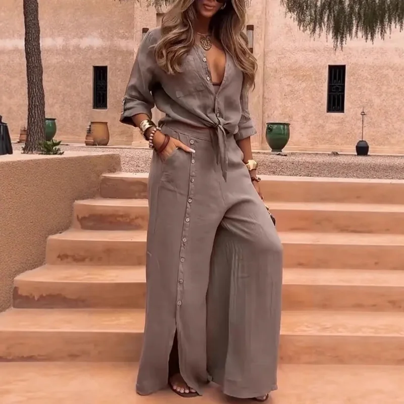 European American Style Cotton and Linen Casual Irregular Button Wide-Leg Pants Set Women's Shirt
European American Style Cotton and Linen Casual Irregular Button Wide-Leg Pants Set Women's Shirt