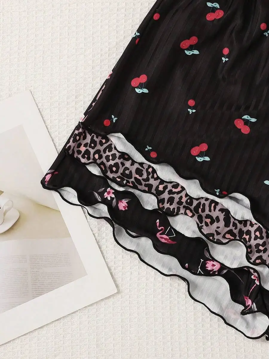 3pcs Women Sleepwear Set Cherry Print Loose Pajama Pants With Leopard Trim
3pcs Women Sleepwear Set Cherry Print Loose Pajama Pants With Leopard Trim