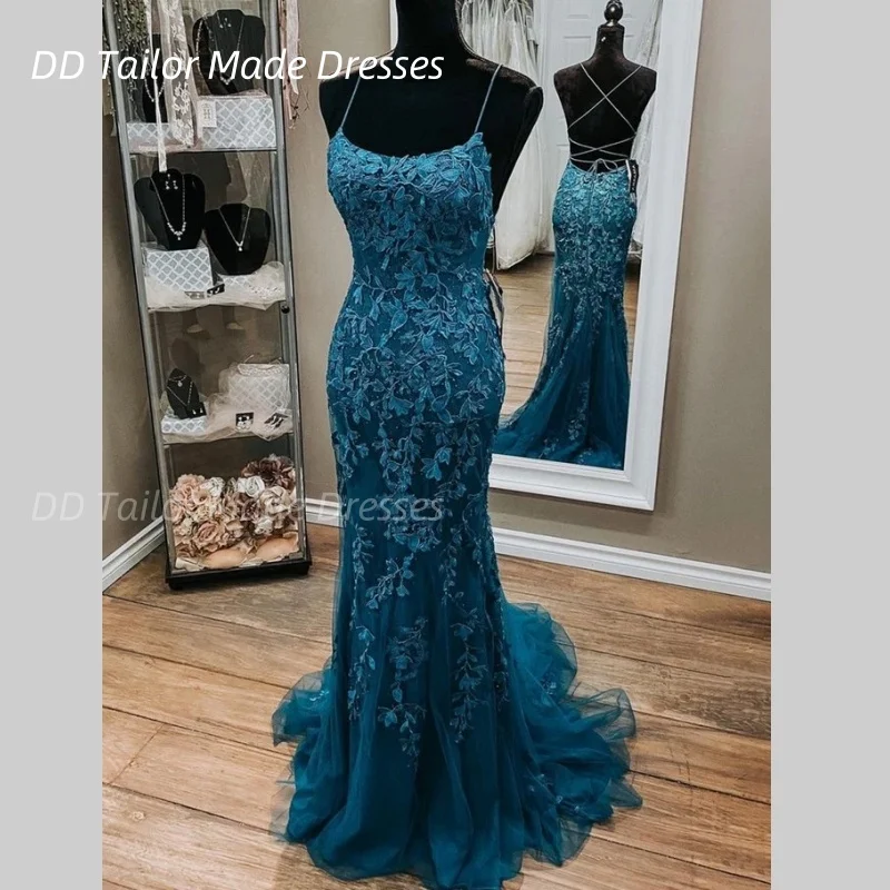 Backless Mermaid Dark Teal Lace Long Prom Dress Appliques Spaghetti Straps Long Formal Evening Gown Customized
Backless Mermaid Dark Teal Lace Long Prom Dress Appliques Spaghetti Straps Long Formal Evening Gown Customized