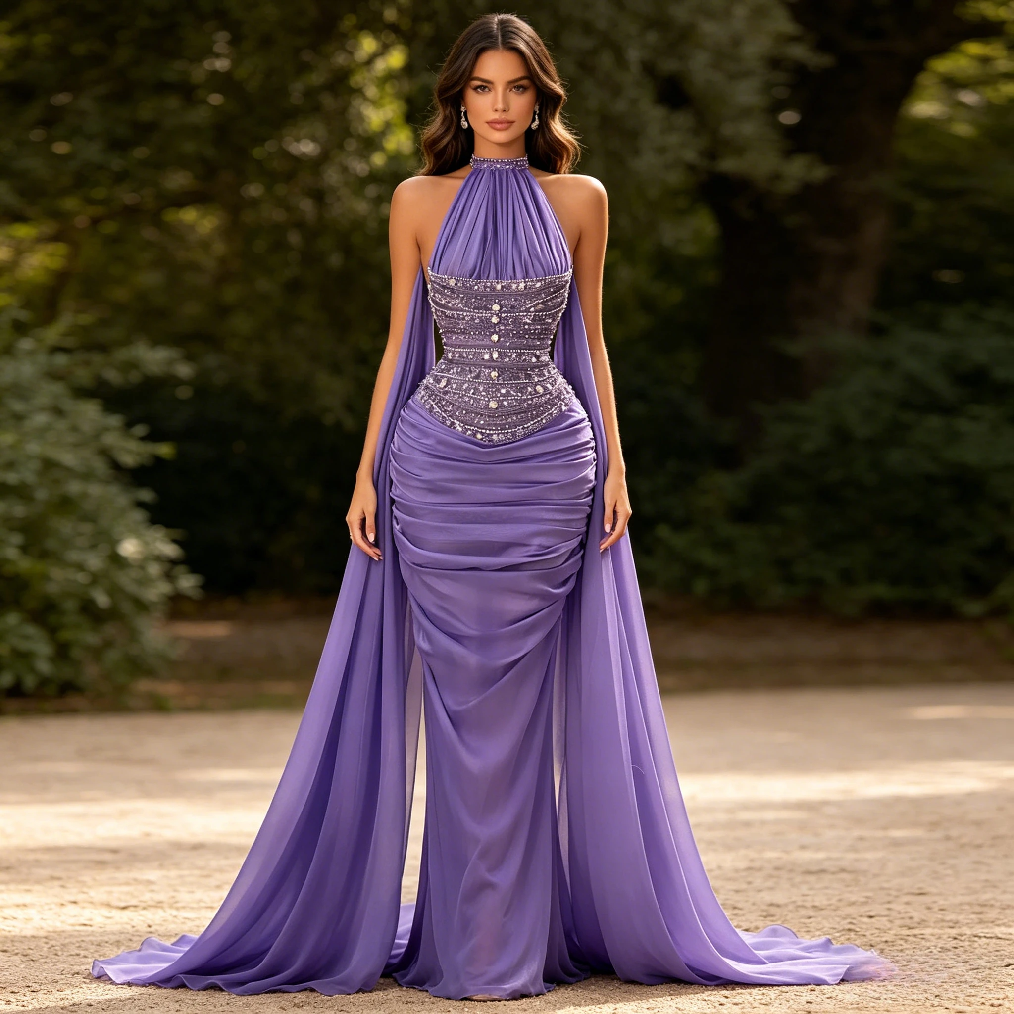 Customized Lavender Halter Neck Cape Sleeve Beaded Ruched Mermaid Evening Dress Women Formal Prom Wedding Guest Gown Plus Size
Customized Lavender Halter Neck Cape Sleeve Beaded Ruched Mermaid Evening Dress Women Formal Prom Wedding Guest Gown Plus Size