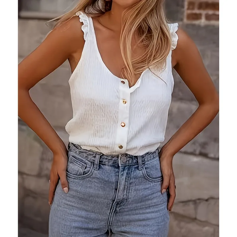 Summer New Round Neck Casual Solid Color Buttons Decorated Small Vest Women Sexy And Versatile Ruffled Sling White Tops
Summer New Round Neck Casual Solid Color Buttons Decorated Small Vest Women Sexy And Versatile Ruffled Sling White Tops