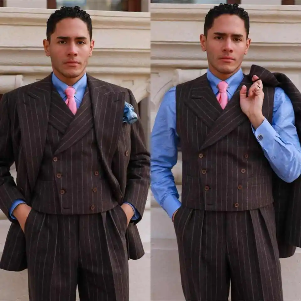 Fashion Wedding Tuxedos Pinstripe 3 PCS Jacket Vest Pants Men Suit Classic Fit Double Breasted Evening Groom Coat Customized
Fashion Wedding Tuxedos Pinstripe 3 PCS Jacket Vest Pants Men Suit Classic Fit Double Breasted Evening Groom Coat Customized