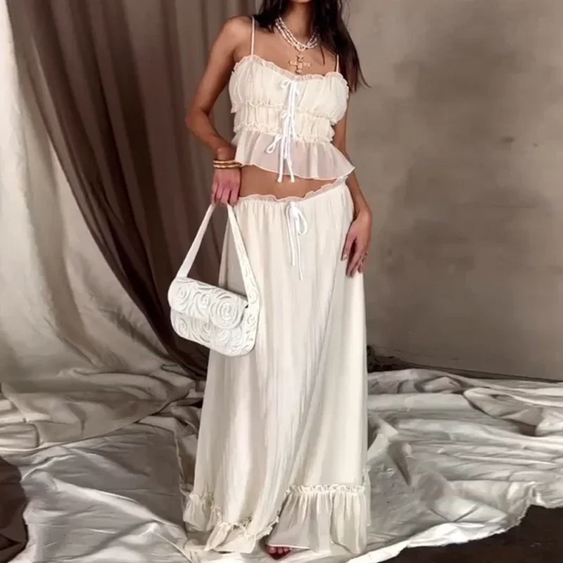 Fairycore 2 Piece Front Tie Up Ruffles Trim Camis Crop Top + Maxi Long A-line Skirts Streetwear Women Club Party Vintage Outfits
Fairycore 2 Piece Front Tie Up Ruffles Trim Camis Crop Top + Maxi Long A-line Skirts Streetwear Women Club Party Vintage Outfits