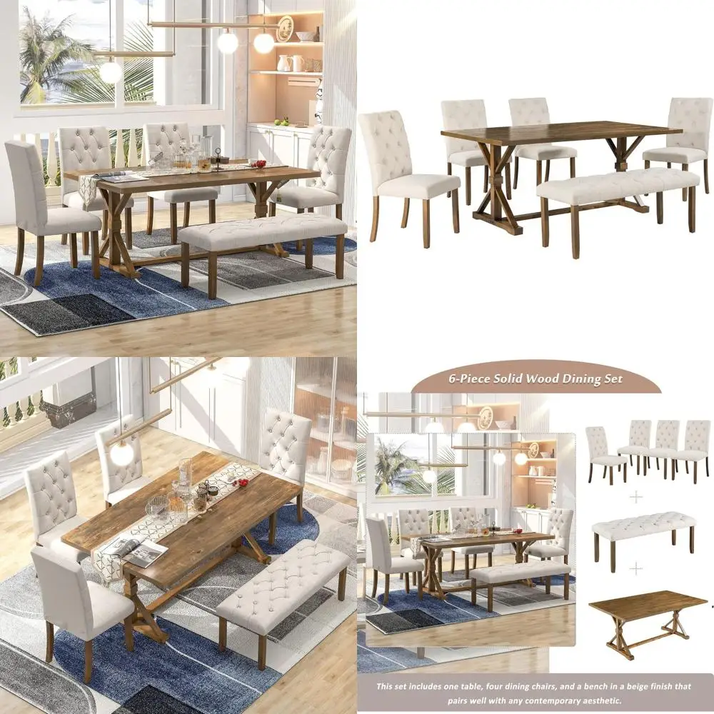 6-Piece armhouse Dining Table Set 72" Wood Recular Table, 4 Upholstered Chairs with Bench (Walnut)
6-Piece armhouse Dining Table Set 72" Wood Recular Table, 4 Upholstered Chairs with Bench (Walnut)
