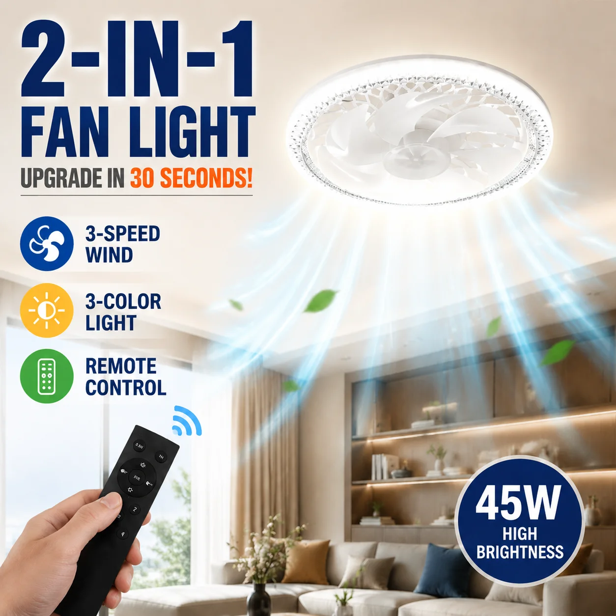 2-in-1 E27 Ceiling Fan with LED Light, Remote Control, Dimmable, Spiral Design, Smart Fan Light for Bedroom Living Room Kitchen
2-in-1 E27 Ceiling Fan with LED Light, Remote Control, Dimmable, Spiral Design, Smart Fan Light for Bedroom Living Room Kitchen