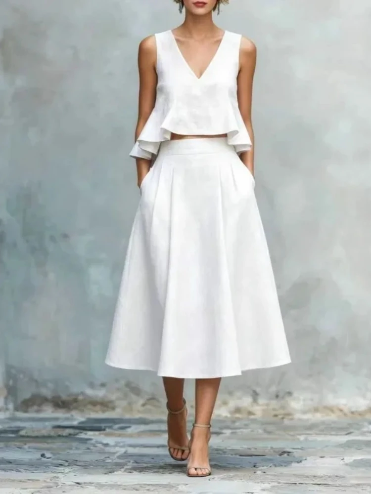 Summer Bohemian V Neck 2 Piece Suit Sleeveless Ruffle Top High Waist Wide Leg Midi Pants Women Linen Casual Outfit Streetwear
Summer Bohemian V Neck 2 Piece Suit Sleeveless Ruffle Top High Waist Wide Leg Midi Pants Women Linen Casual Outfit Streetwear