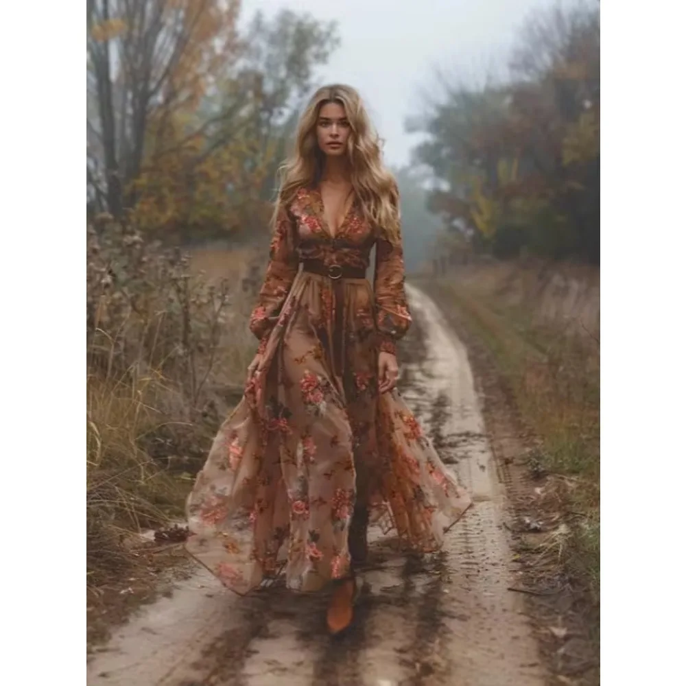 Women's Ethnic Vintage Floral Print V-neck Long Dress High Waist Loose Bohemian Maxi with Long Sleeves for Spring/Autumn Parties
Women's Ethnic Vintage Floral Print V-neck Long Dress High Waist Loose Bohemian Maxi with Long Sleeves for Spring/Autumn Parties