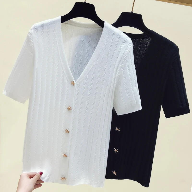 Color-blocked Jacquard Knit Cardigan Sweater For Women 2023 Summer Short Sleeve V-neck Single-breasted Stylish Fashion Knitwear
Color-blocked Jacquard Knit Cardigan Sweater For Women 2023 Summer Short Sleeve V-neck Single-breasted Stylish Fashion Knitwear