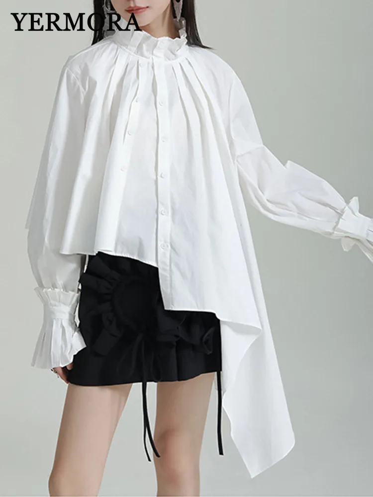 YERMORA White Irregular Pleated Hem Casual Blouse For Women Stand Collar Long Sleeve Loose New Shirt Fashoin Spring Summer 2025
YERMORA White Irregular Pleated Hem Casual Blouse For Women Stand Collar Long Sleeve Loose New Shirt Fashoin Spring Summer 2025
