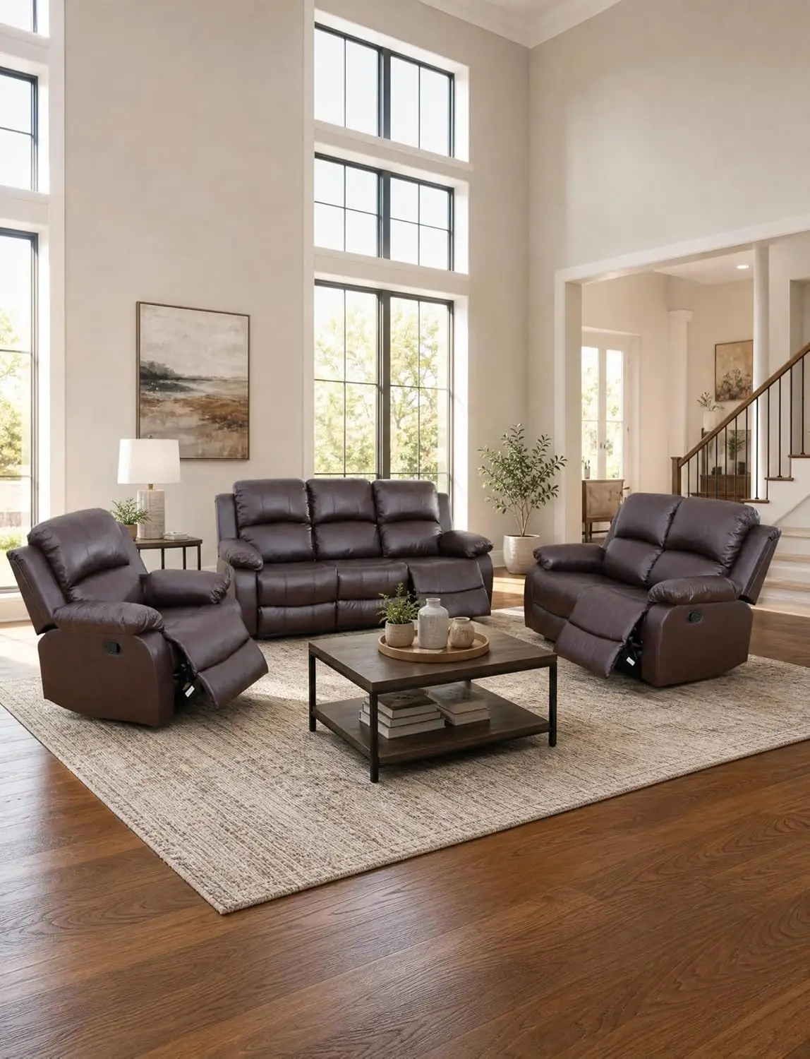 Faux Leather Sofa Set for Living Room, 3 Pieces Manual Recliner Couch Set with Reclining Loveseat & Chair, Soft Living Room
Faux Leather Sofa Set for Living Room, 3 Pieces Manual Recliner Couch Set with Reclining Loveseat & Chair, Soft Living Room