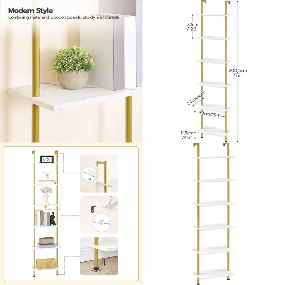 6-Tier Wooden Wall Shelf - Gold Metal Frame, Ideal for Books, Plants, and Home Decor in Living Room, Bedroom, or Study
6-Tier Wooden Wall Shelf - Gold Metal Frame, Ideal for Books, Plants, and Home Decor in Living Room, Bedroom, or Study