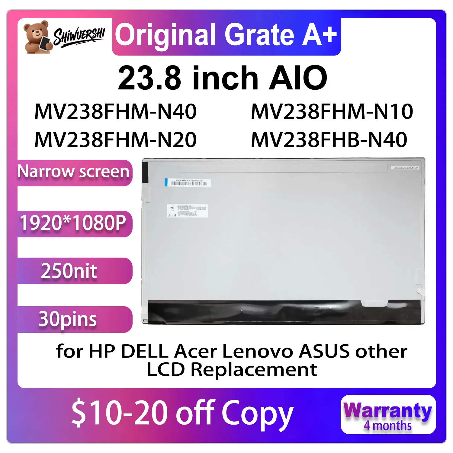 23,8-дюймовый новый оригинальный ЖК-экран MV238FHM-N10 MV238FHM-N20 MV238FHM-N40 MV238FHB-N40
23,8-дюймовый новый оригинальный ЖК-экран MV238FHM-N10 MV238FHM-N20 MV238FHM-N40 MV238FHB-N40